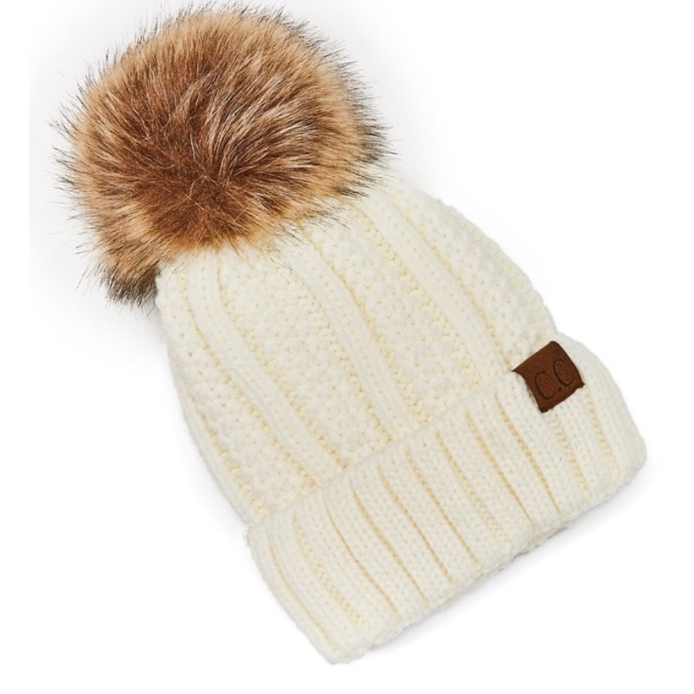 Ivory Faux Fur Pom-Pom Fleece-lined Beanie